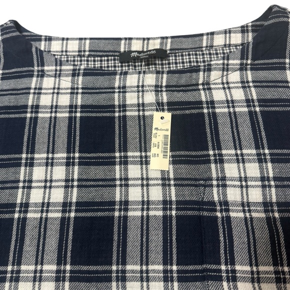 Madewell Navy Blue Flannel Plaid Boxy 3/4 Sleeve Blouse Top Women’s Size Large - Picture 11 of 14
